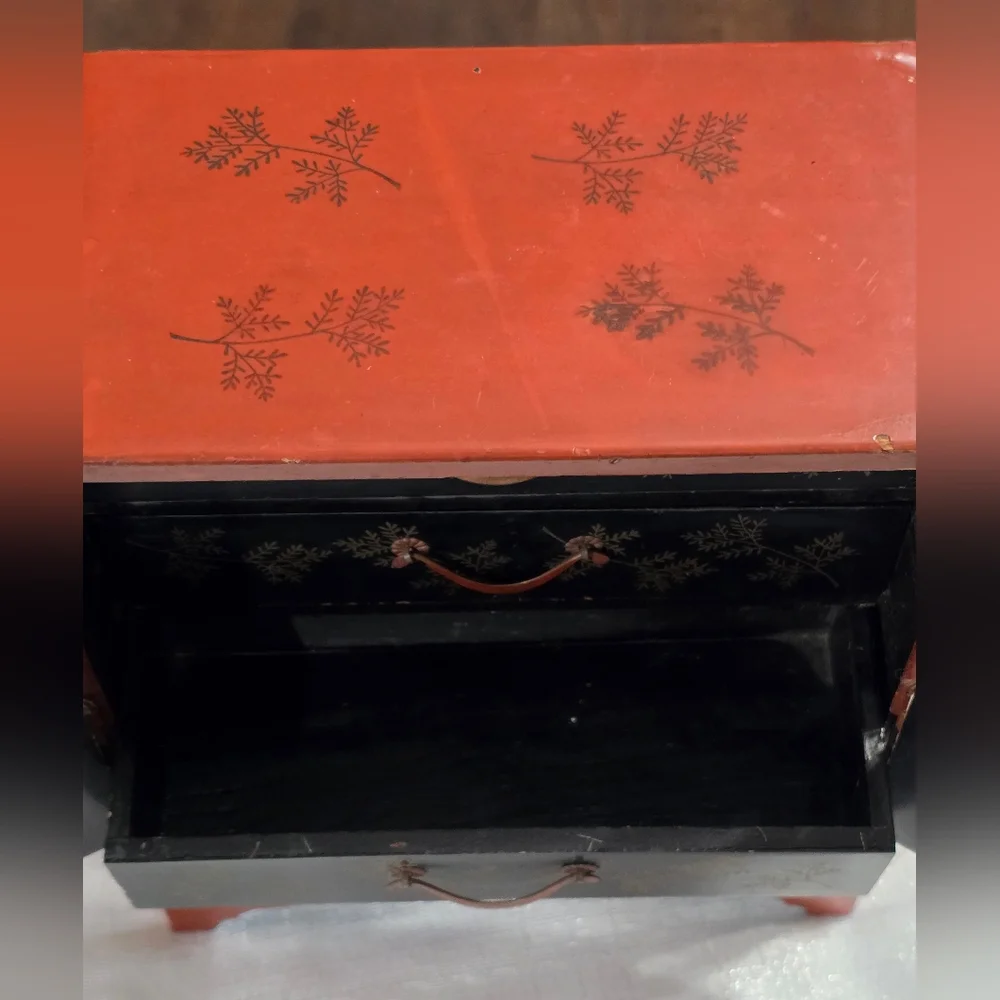 Vintage Japanese Wooden Table Cabinet Handpainted Floral & Bird Design Kodansu